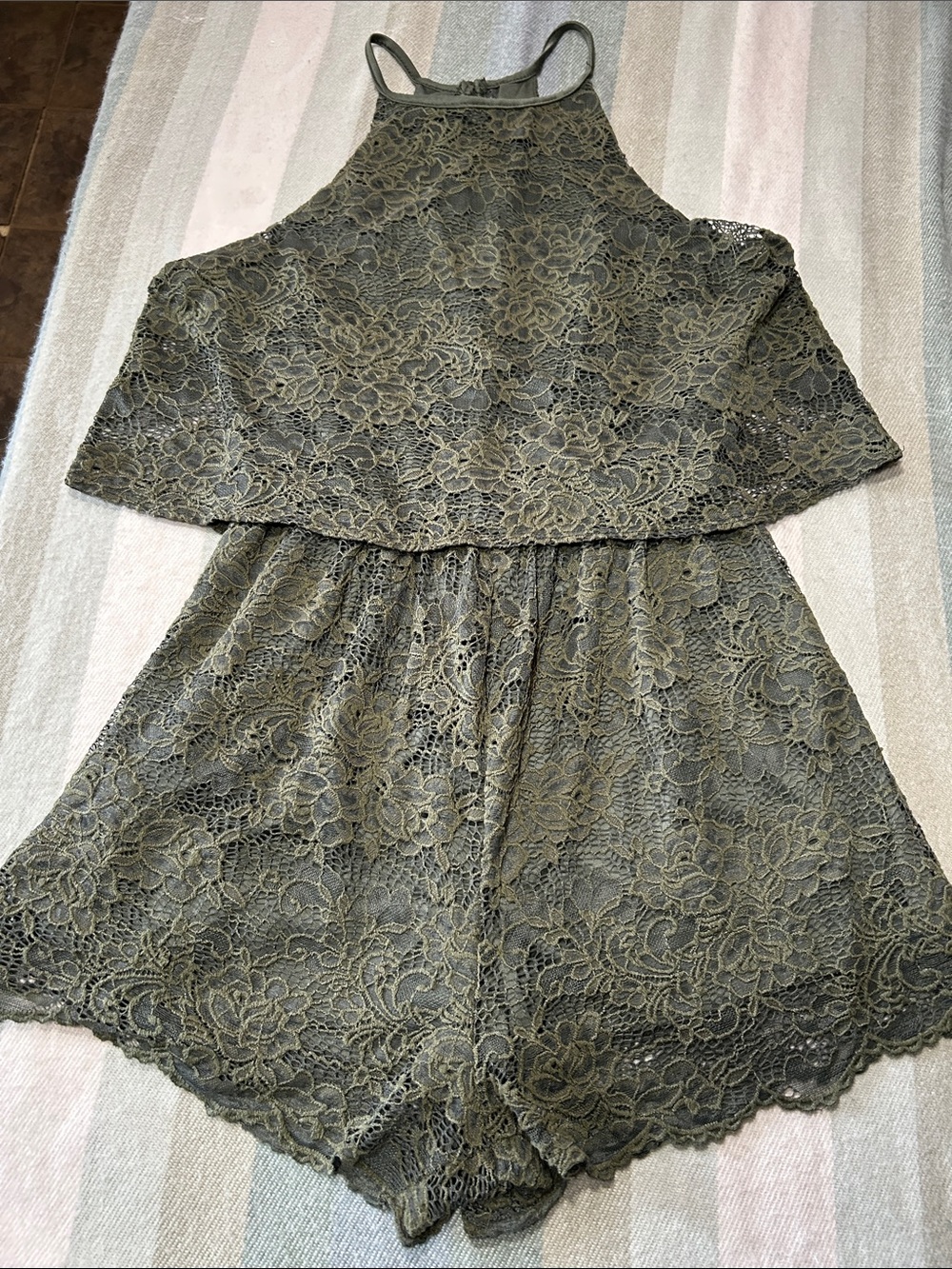 Blue Rain Olive Green Lace Halter Romper-